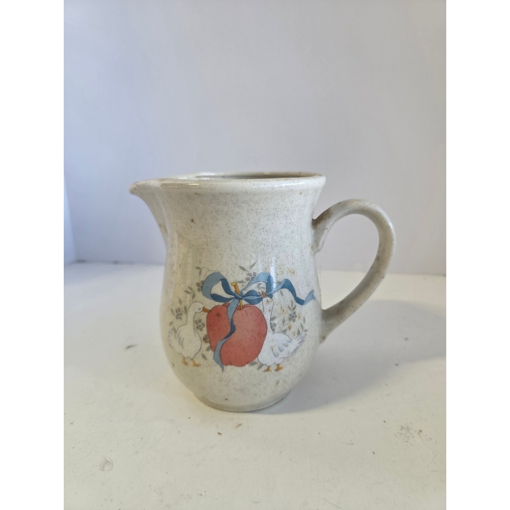 Vintage Stoneware Creamer Pitcher Geese Apple Blue Ribbon Country Farmhouse